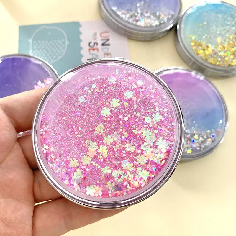 Folding Cosmetic Mirror Female Gifts With Flowing Sparkling Sand Portable Double-Sided Mini Makeup Mirror Compact Pocket Mirrors