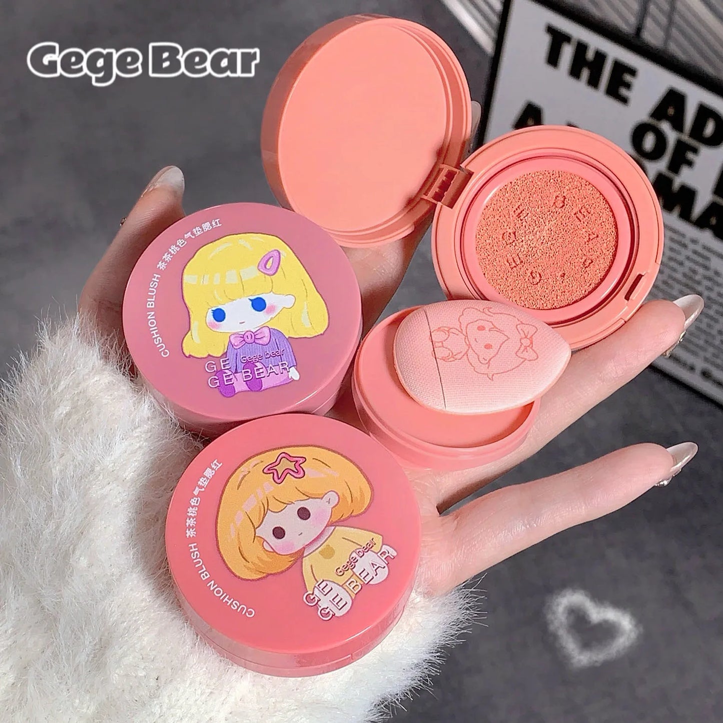 Gege Bear Air Cushion Blush Cream Waterproof Lasting Natural Cream Cheek Tint Blush with Puff Peach Pink Rouge Girl Blush Makeup