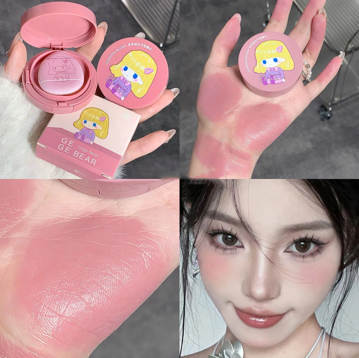 Gege Bear Air Cushion Blush Cream Waterproof Lasting Natural Cream Cheek Tint Blush with Puff Peach Pink Rouge Girl Blush Makeup