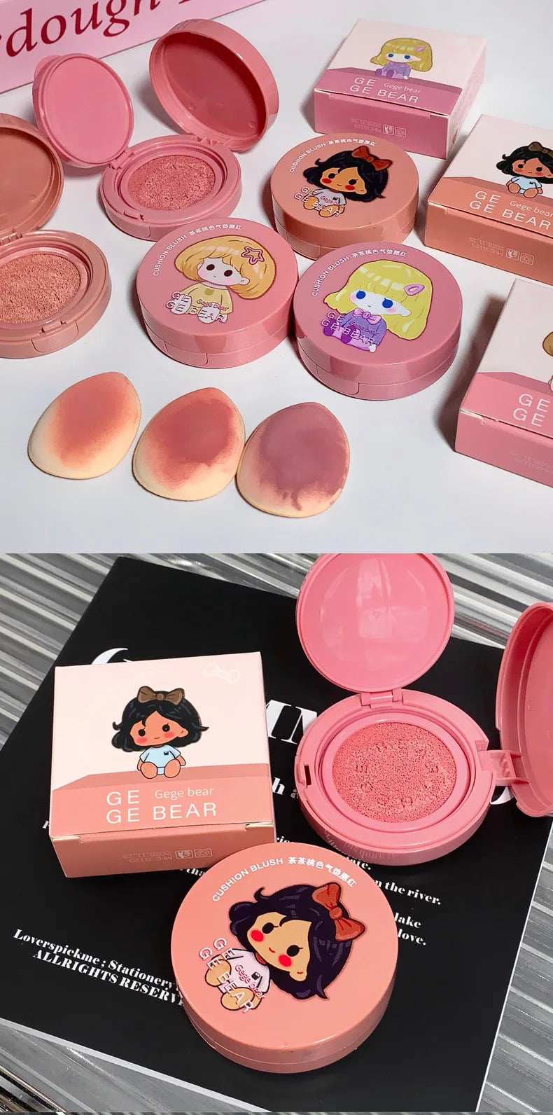 Gege Bear Air Cushion Blush Cream Waterproof Lasting Natural Cream Cheek Tint Blush with Puff Peach Pink Rouge Girl Blush Makeup