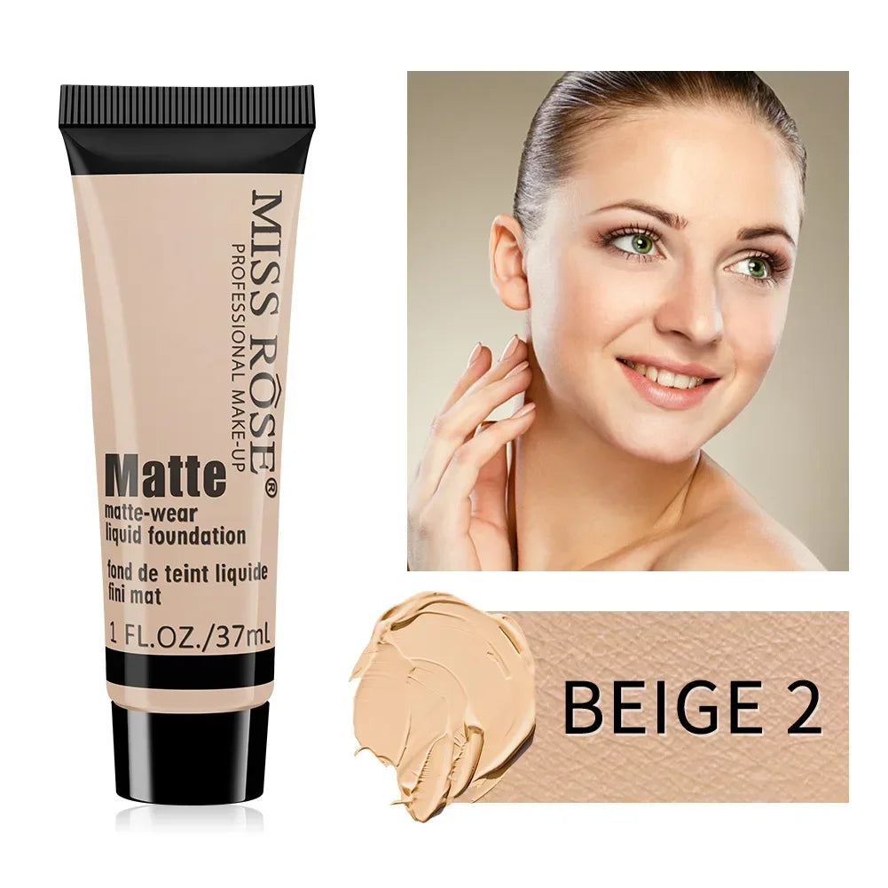 Miss Rose Long-Lasting Natural Nude Matte Foundation Makeup Face Mineral Pigment Liquid Foundation Concealer Full Coverage