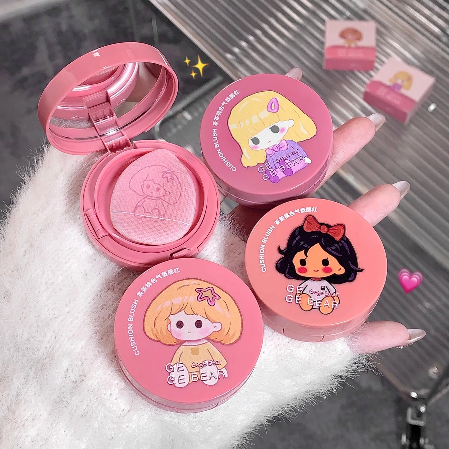 Gege Bear Air Cushion Blush Cream Waterproof Lasting Natural Cream Cheek Tint Blush with Puff Peach Pink Rouge Girl Blush Makeup