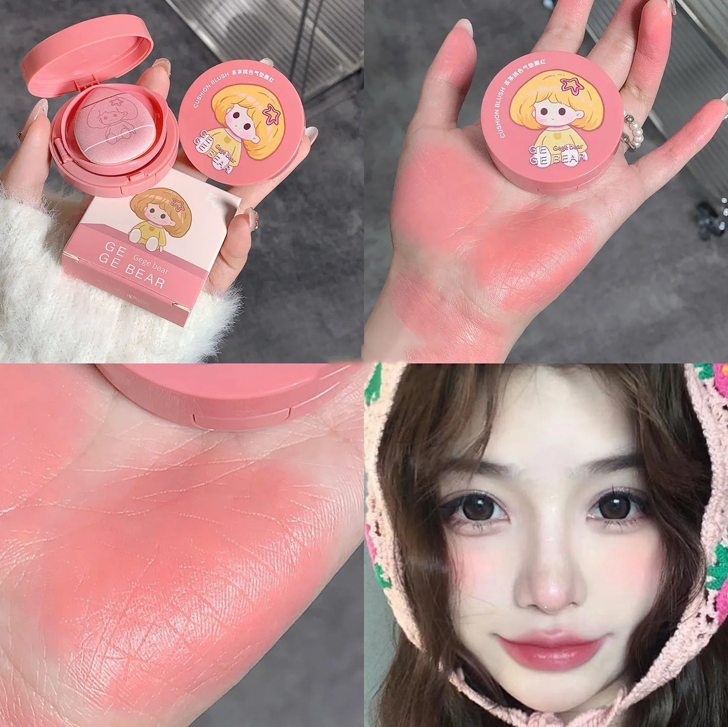 Gege Bear Air Cushion Blush Cream Waterproof Lasting Natural Cream Cheek Tint Blush with Puff Peach Pink Rouge Girl Blush Makeup