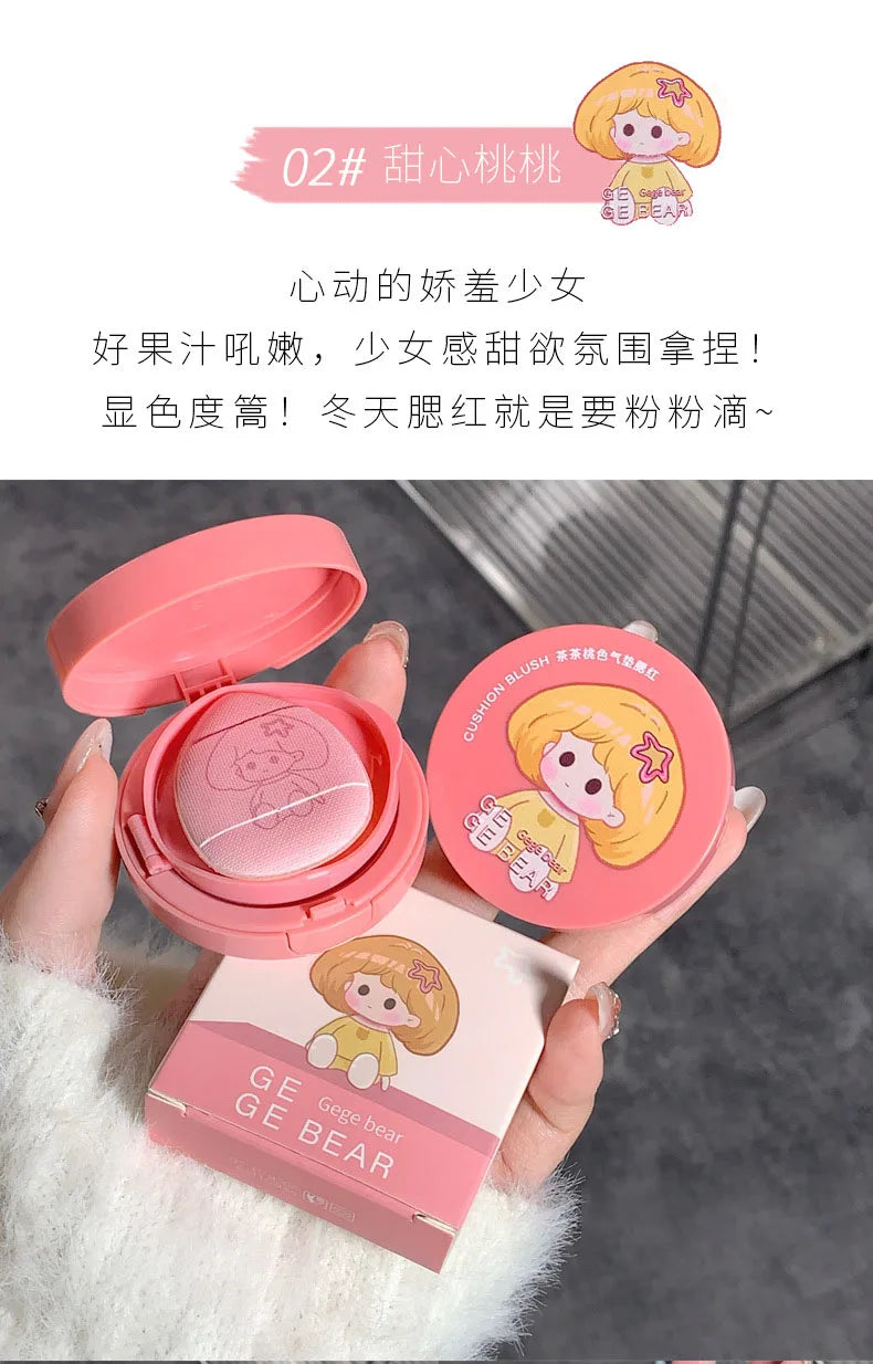 Gege Bear Air Cushion Blush Cream Waterproof Lasting Natural Cream Cheek Tint Blush with Puff Peach Pink Rouge Girl Blush Makeup