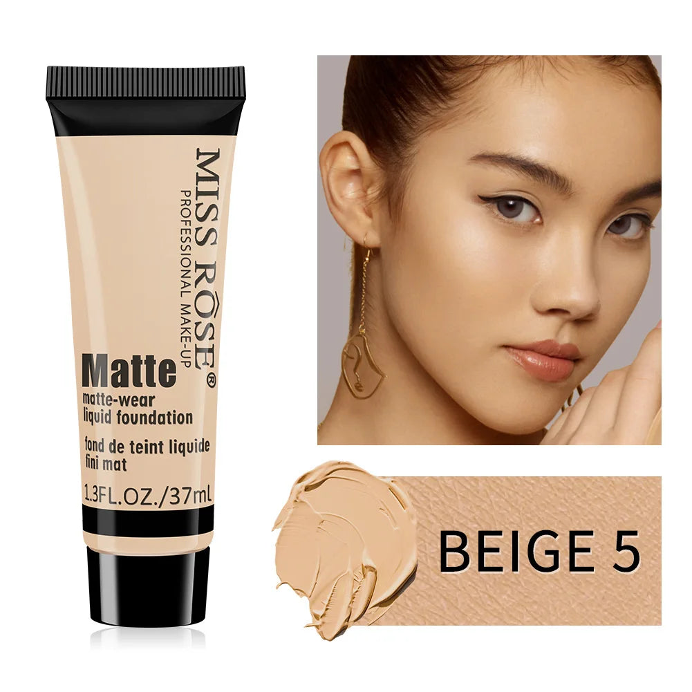 Miss Rose Long-Lasting Natural Nude Matte Foundation Makeup Face Mineral Pigment Liquid Foundation Concealer Full Coverage