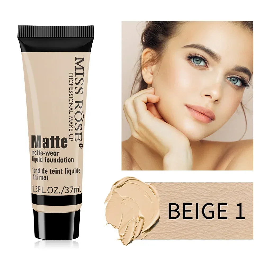 Miss Rose Long-Lasting Natural Nude Matte Foundation Makeup Face Mineral Pigment Liquid Foundation Concealer Full Coverage