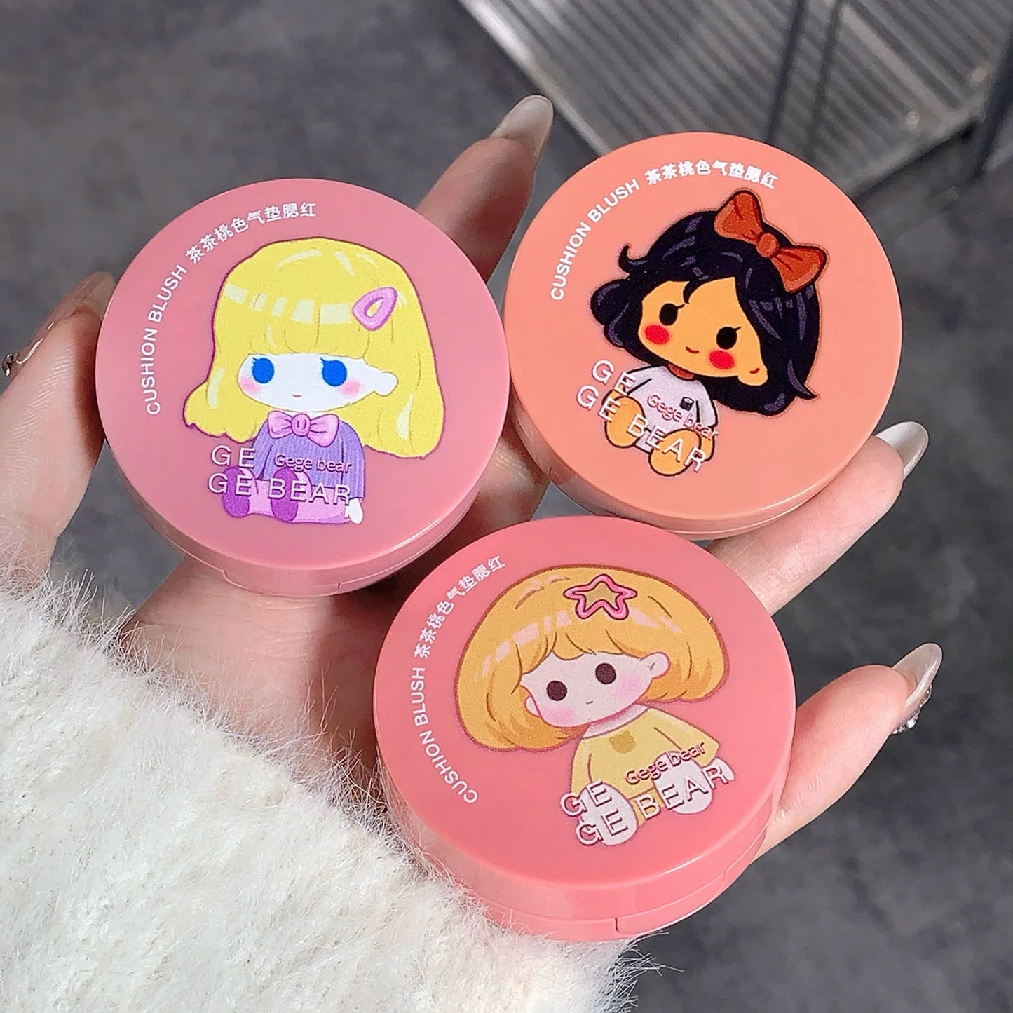 Gege Bear Air Cushion Blush Cream Waterproof Lasting Natural Cream Cheek Tint Blush with Puff Peach Pink Rouge Girl Blush Makeup