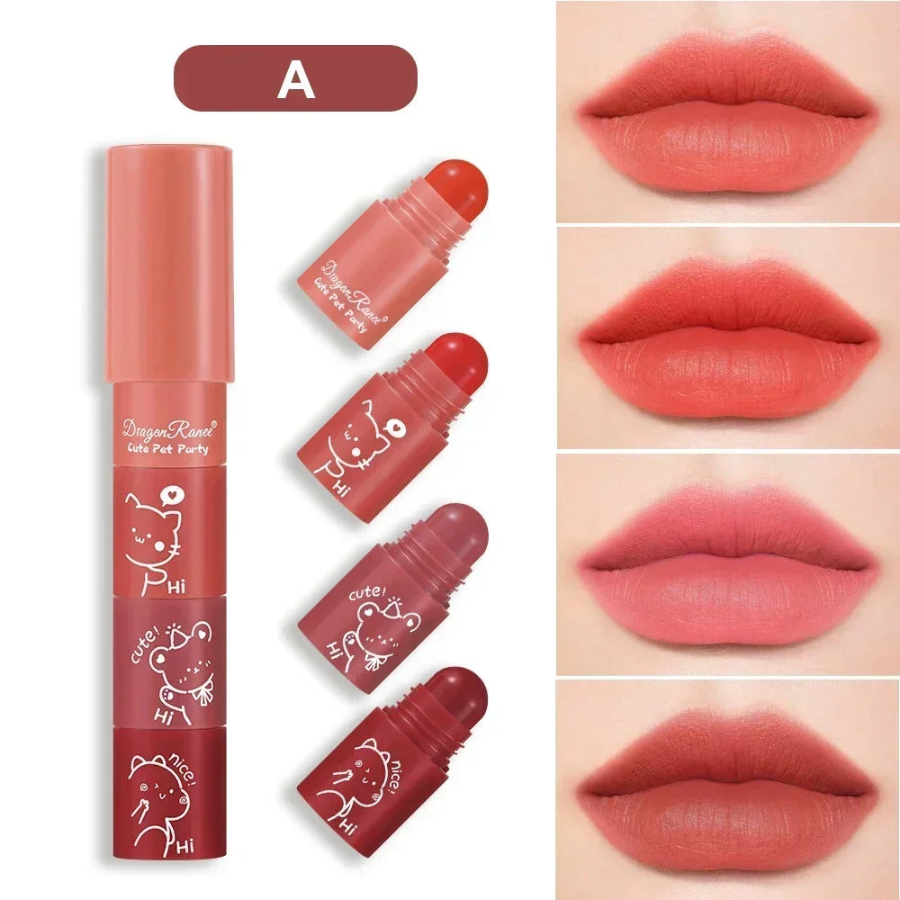 4 in 1 Cute Matte Lipstick Crayon Kit Combo Purple Lip Tint Velvet Sexy Moisturizing Lipstick Pen Waterproof Lasting Lip Makeup