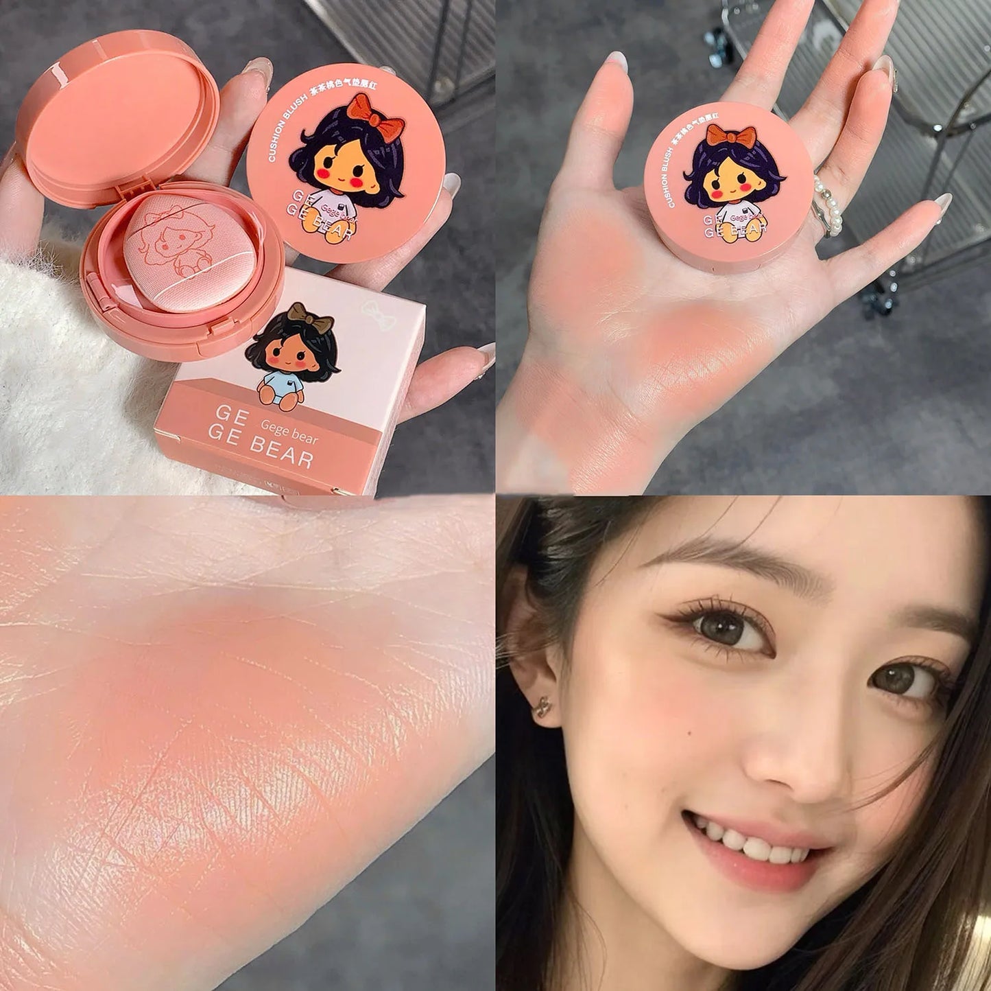 Gege Bear Air Cushion Blush Cream Waterproof Lasting Natural Cream Cheek Tint Blush with Puff Peach Pink Rouge Girl Blush Makeup