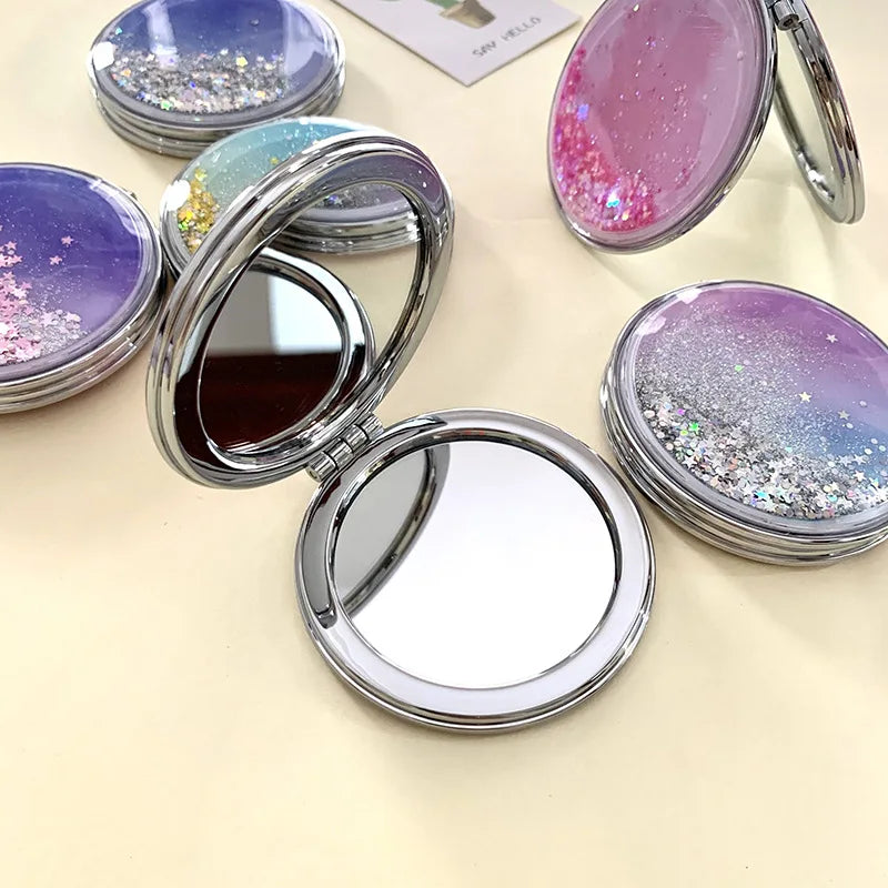 Folding Cosmetic Mirror Female Gifts With Flowing Sparkling Sand Portable Double-Sided Mini Makeup Mirror Compact Pocket Mirrors