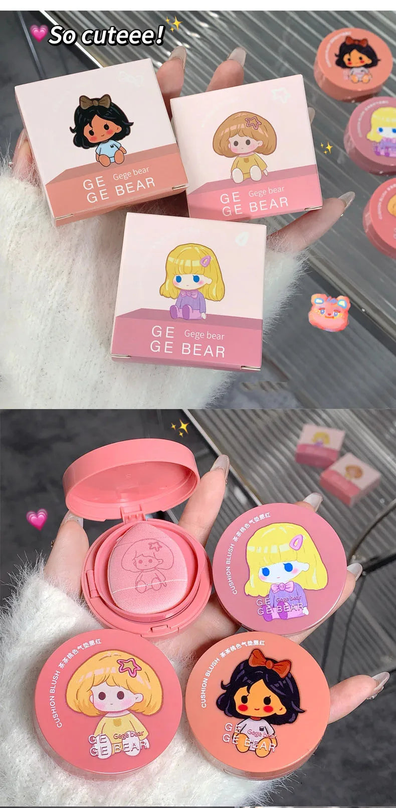 Gege Bear Air Cushion Blush Cream Waterproof Lasting Natural Cream Cheek Tint Blush with Puff Peach Pink Rouge Girl Blush Makeup