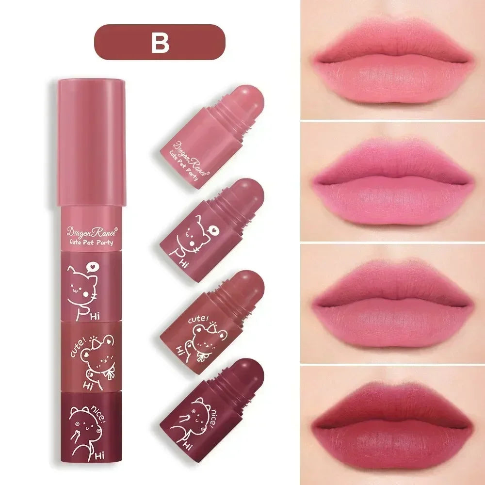 4 in 1 Cute Matte Lipstick Crayon Kit Combo Purple Lip Tint Velvet Sexy Moisturizing Lipstick Pen Waterproof Lasting Lip Makeup