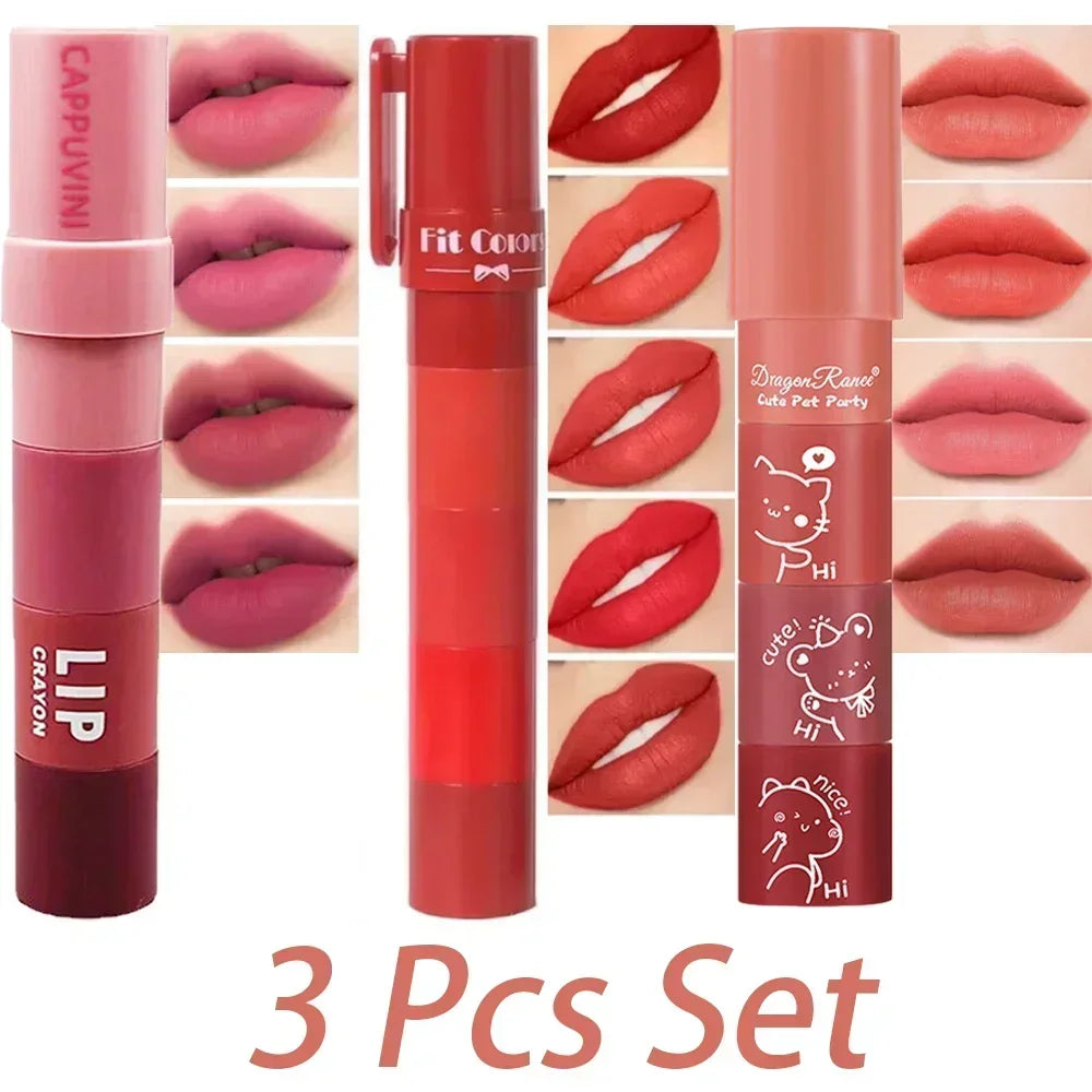 4 in 1 Cute Matte Lipstick Crayon Kit Combo Purple Lip Tint Velvet Sexy Moisturizing Lipstick Pen Waterproof Lasting Lip Makeup