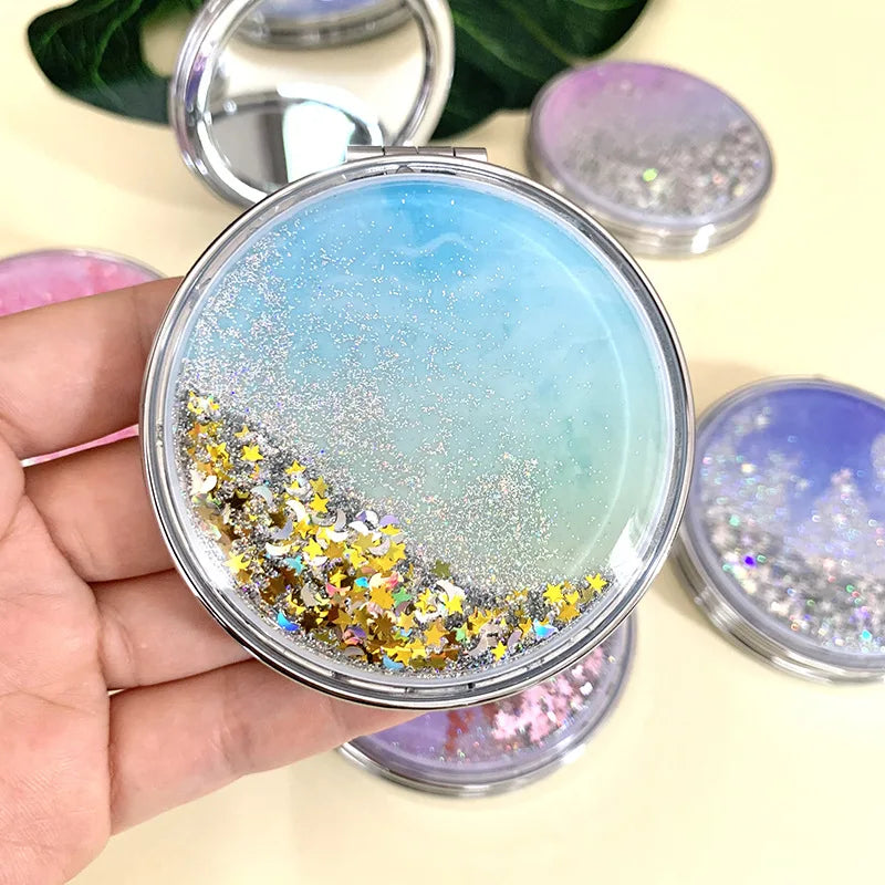 Folding Cosmetic Mirror Female Gifts With Flowing Sparkling Sand Portable Double-Sided Mini Makeup Mirror Compact Pocket Mirrors