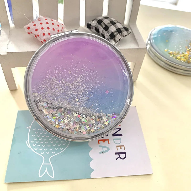 Folding Cosmetic Mirror Female Gifts With Flowing Sparkling Sand Portable Double-Sided Mini Makeup Mirror Compact Pocket Mirrors