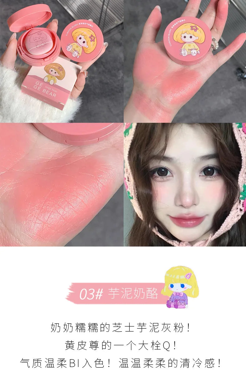 Gege Bear Air Cushion Blush Cream Waterproof Lasting Natural Cream Cheek Tint Blush with Puff Peach Pink Rouge Girl Blush Makeup