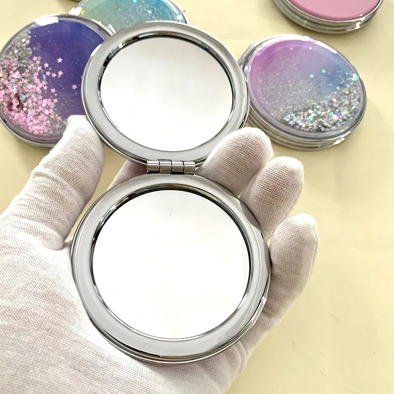 Folding Cosmetic Mirror Female Gifts With Flowing Sparkling Sand Portable Double-Sided Mini Makeup Mirror Compact Pocket Mirrors