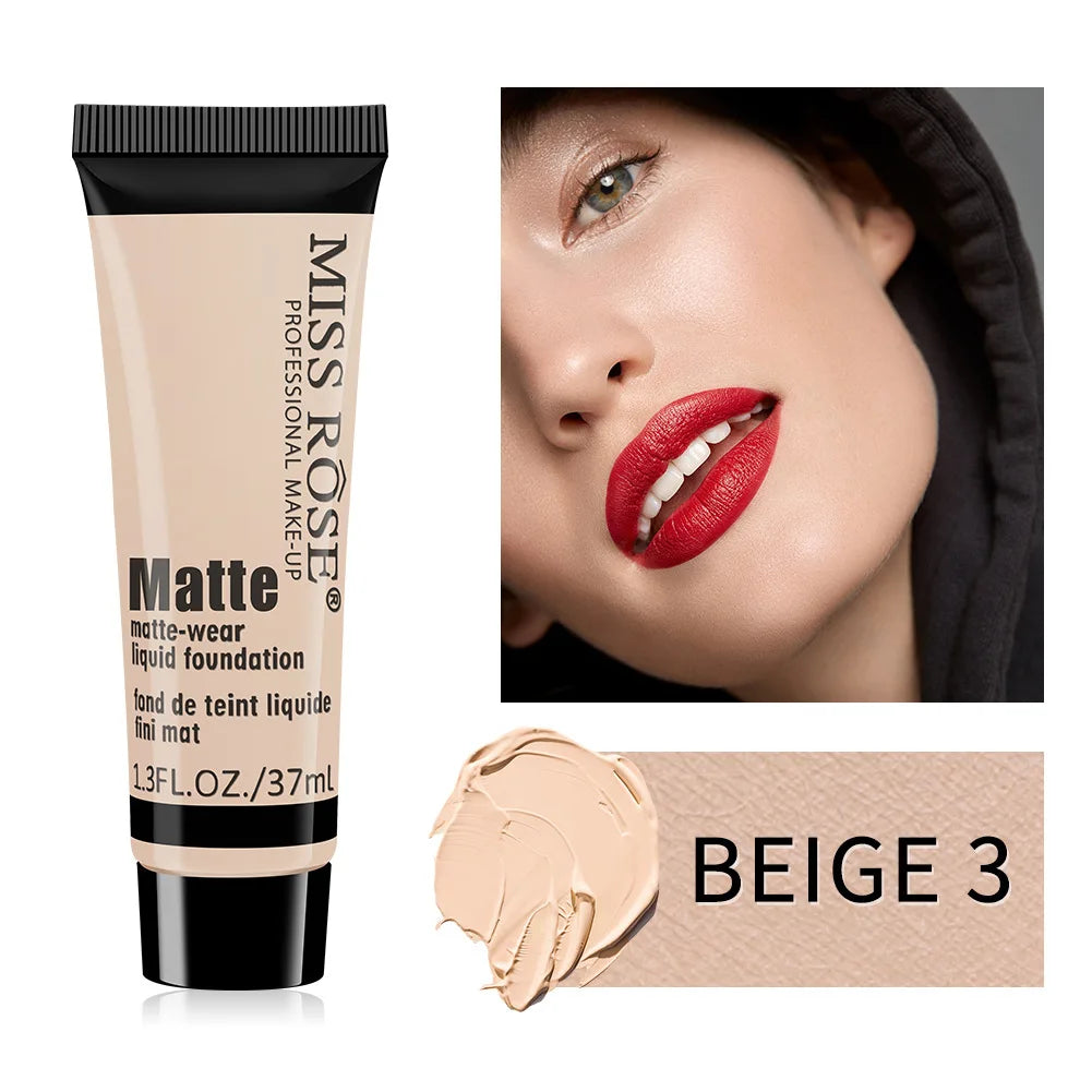 Miss Rose Long-Lasting Natural Nude Matte Foundation Makeup Face Mineral Pigment Liquid Foundation Concealer Full Coverage