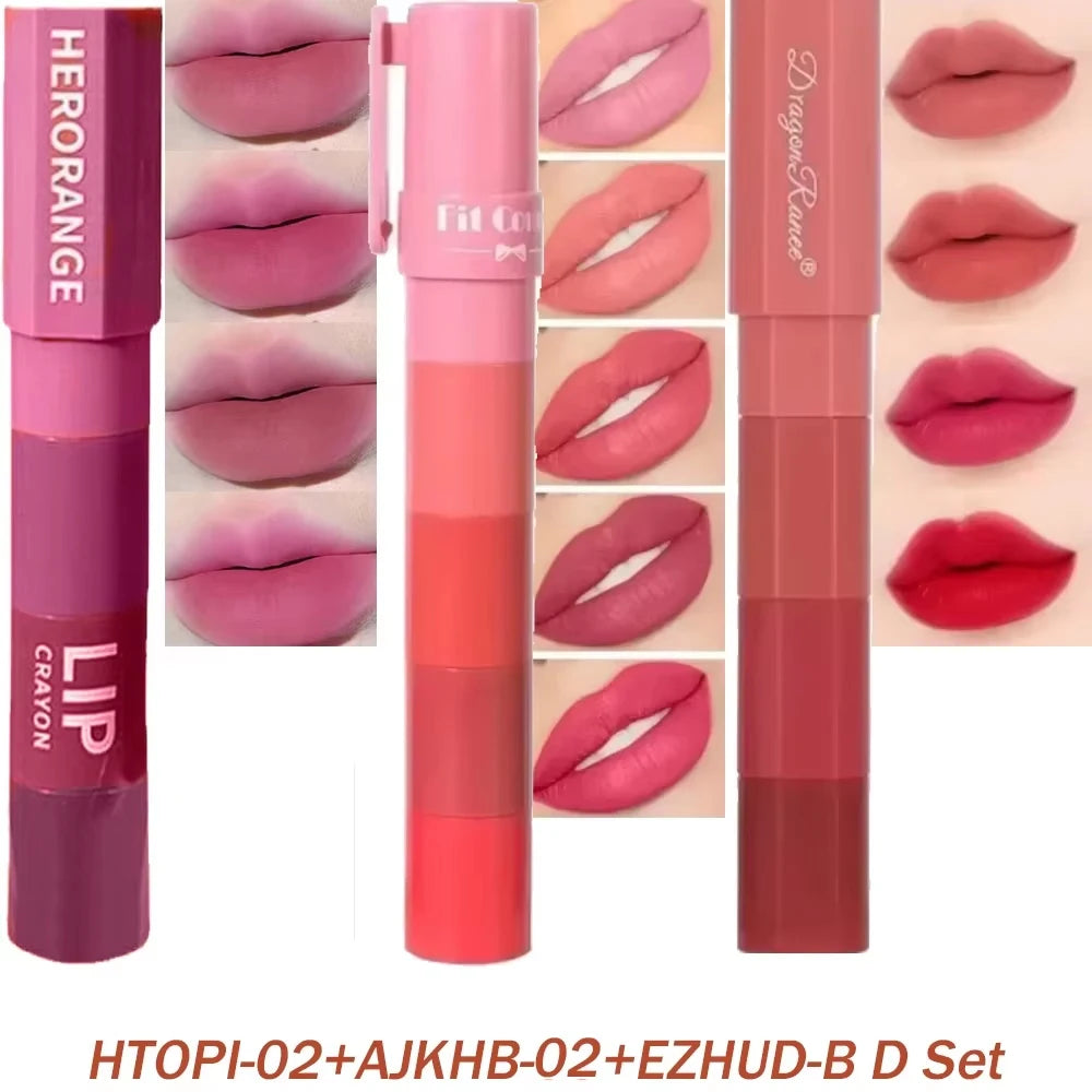 4 in 1 Cute Matte Lipstick Crayon Kit Combo Purple Lip Tint Velvet Sexy Moisturizing Lipstick Pen Waterproof Lasting Lip Makeup