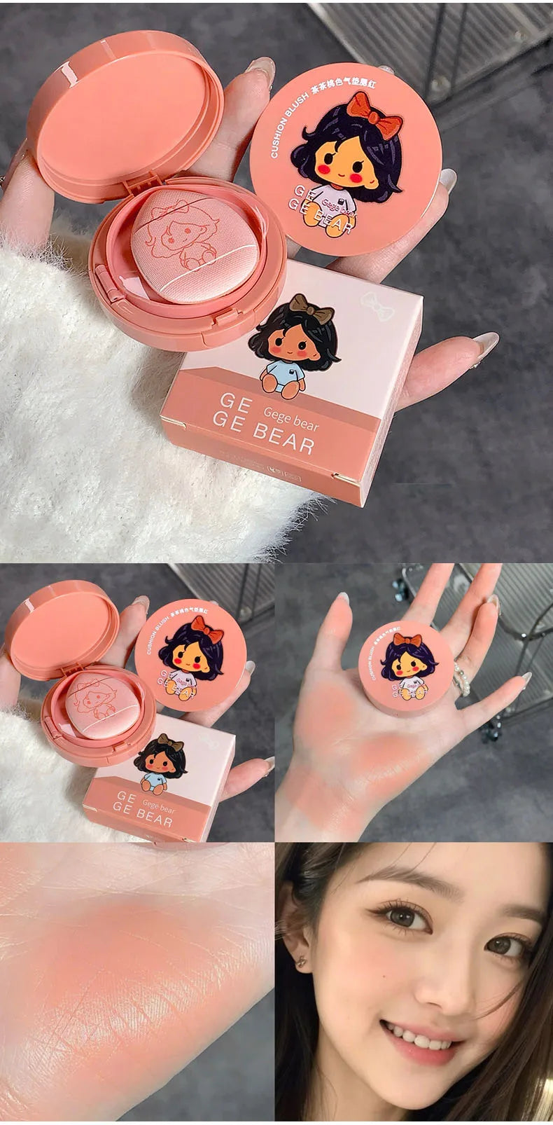 Gege Bear Air Cushion Blush Cream Waterproof Lasting Natural Cream Cheek Tint Blush with Puff Peach Pink Rouge Girl Blush Makeup