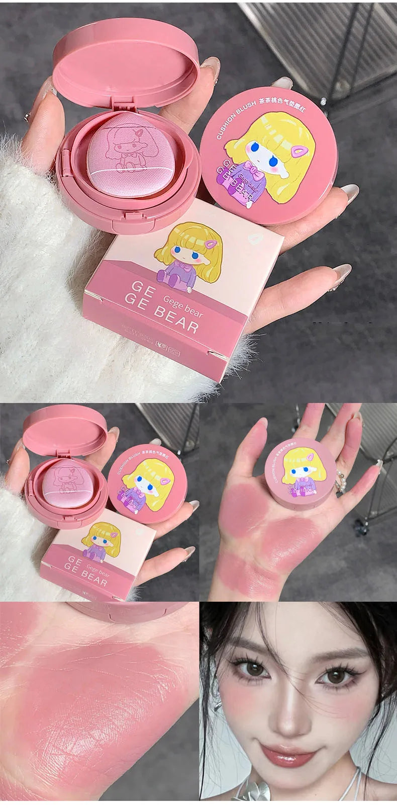 Gege Bear Air Cushion Blush Cream Waterproof Lasting Natural Cream Cheek Tint Blush with Puff Peach Pink Rouge Girl Blush Makeup