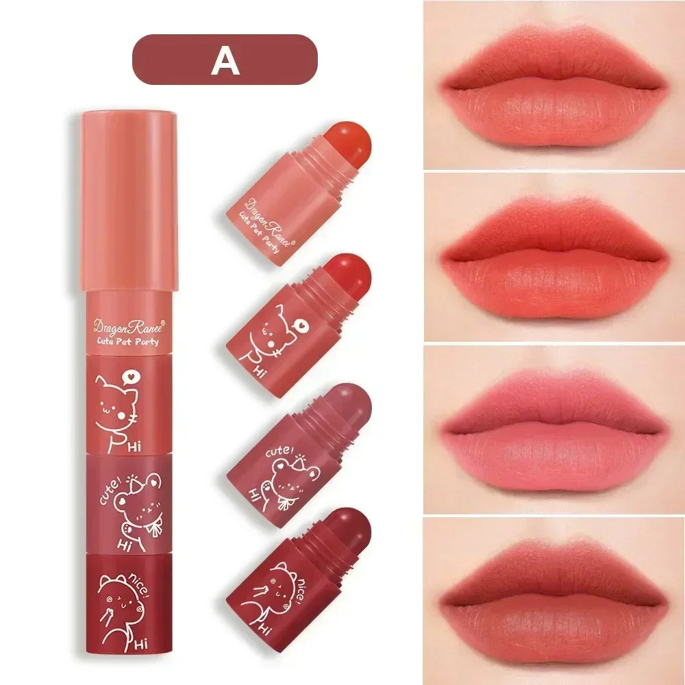 4 in 1 Cute Matte Lipstick Crayon Kit Combo Purple Lip Tint Velvet Sexy Moisturizing Lipstick Pen Waterproof Lasting Lip Makeup