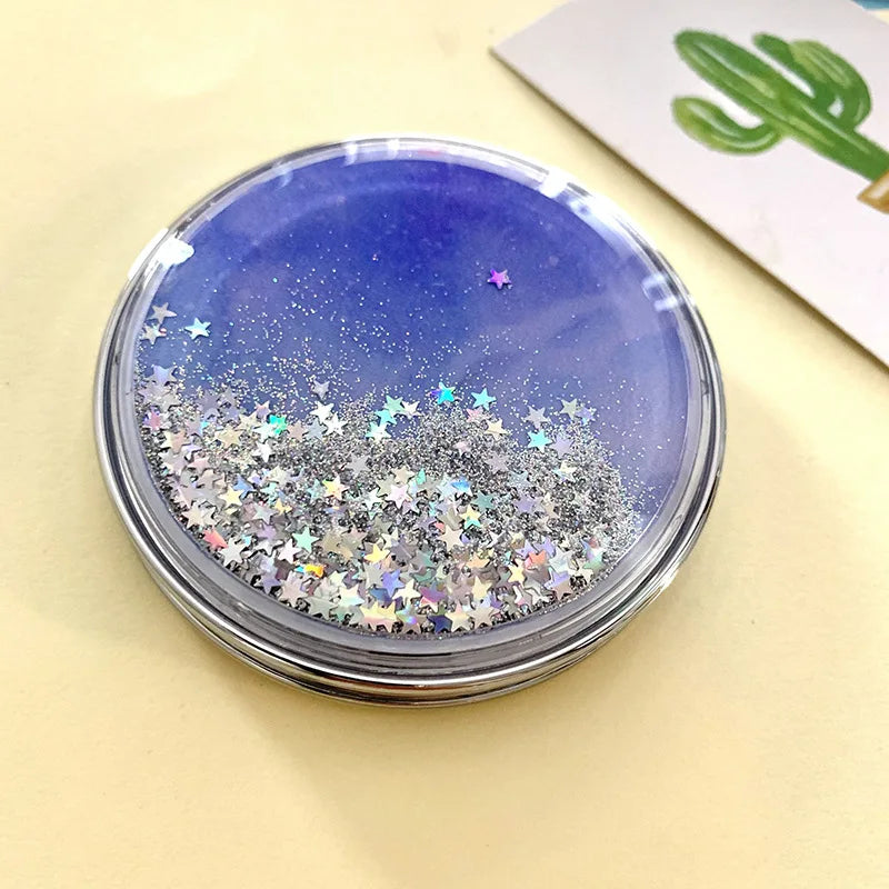 Folding Cosmetic Mirror Female Gifts With Flowing Sparkling Sand Portable Double-Sided Mini Makeup Mirror Compact Pocket Mirrors