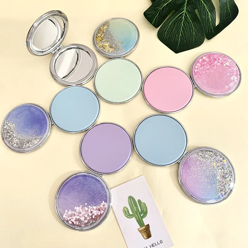 Folding Cosmetic Mirror Female Gifts With Flowing Sparkling Sand Portable Double-Sided Mini Makeup Mirror Compact Pocket Mirrors