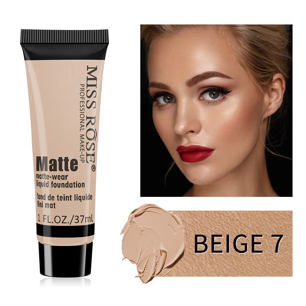 Miss Rose Long-Lasting Natural Nude Matte Foundation Makeup Face Mineral Pigment Liquid Foundation Concealer Full Coverage