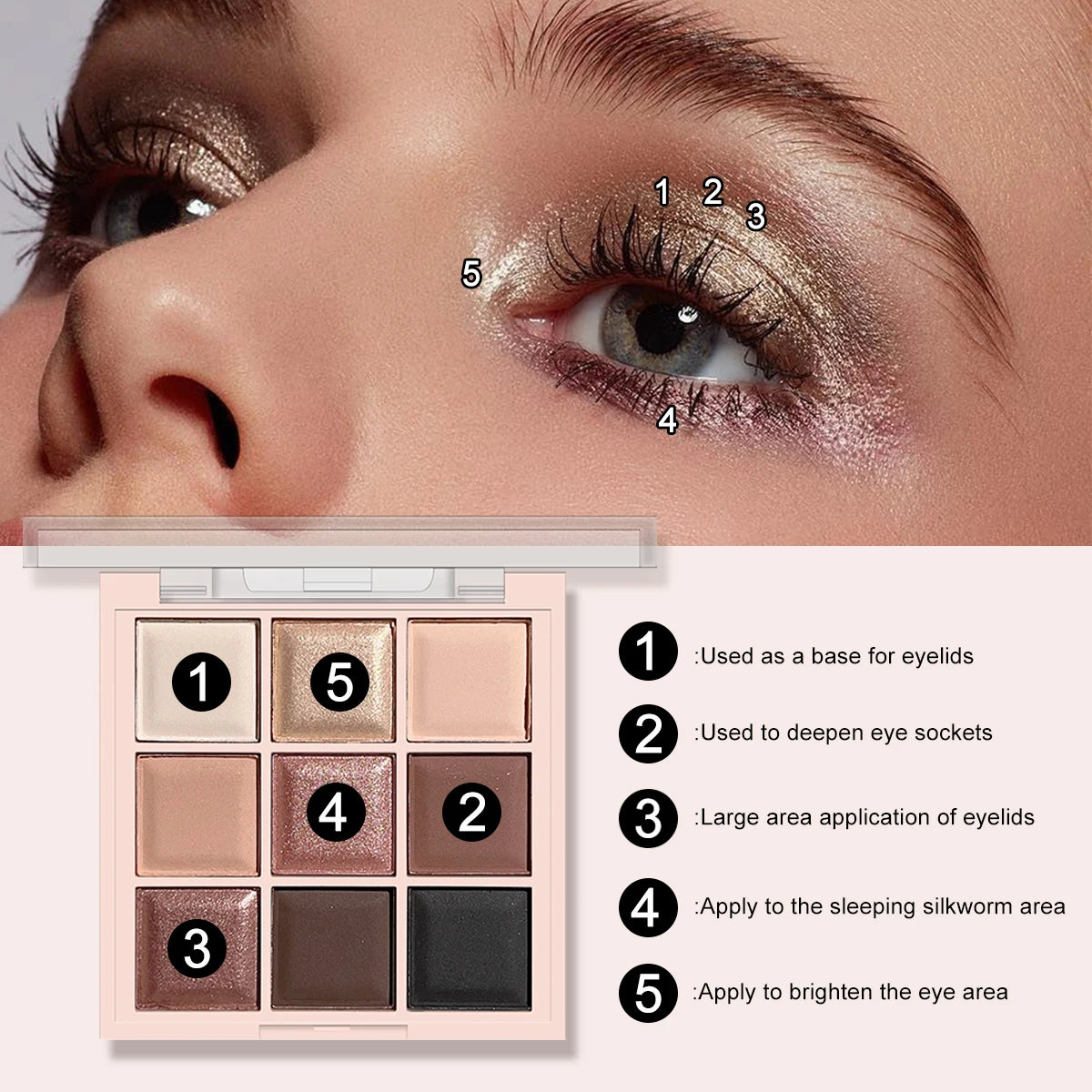 9-Color Eyeshadow Palette with Fine Glitter, Shimmer, Matte, Milk Tea Shades; Mini, Daily Use, Student-Friendly Makeup