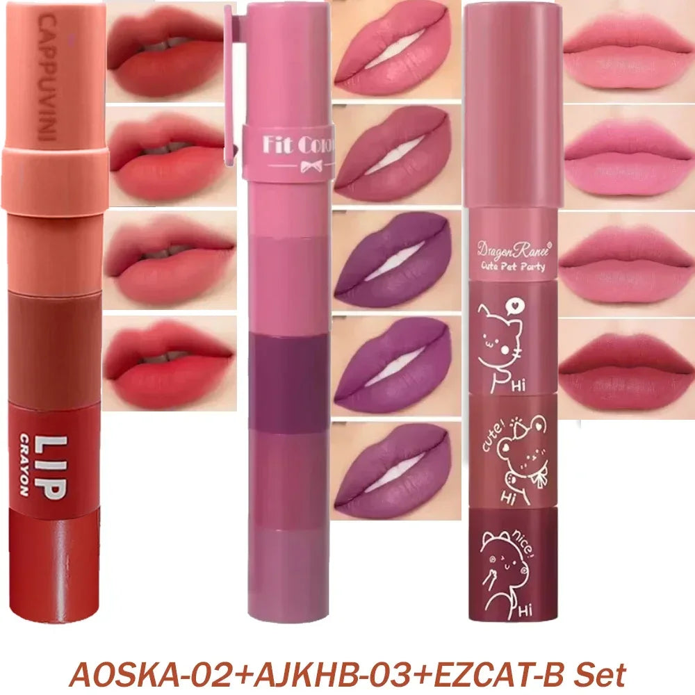 4 in 1 Cute Matte Lipstick Crayon Kit Combo Purple Lip Tint Velvet Sexy Moisturizing Lipstick Pen Waterproof Lasting Lip Makeup